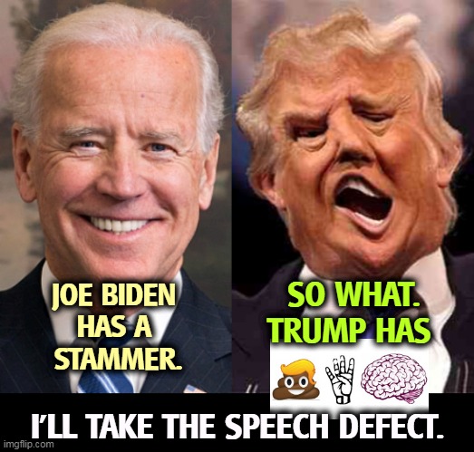 Wouldn't it be something if the Republicans wanted to improve our lives? | SO WHAT. TRUMP HAS; JOE BIDEN 
HAS A 
STAMMER. I'LL TAKE THE SPEECH DEFECT. | image tagged in biden solid stable trump acid drugs,biden,strong,smart,trump,crazy | made w/ Imgflip meme maker