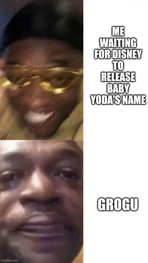 Grogu is literally the worst name they could have come up with | ME WAITING FOR DISNEY TO RELEASE BABY YODA'S NAME; GROGU | image tagged in happy glasses guy / crying guy | made w/ Imgflip meme maker