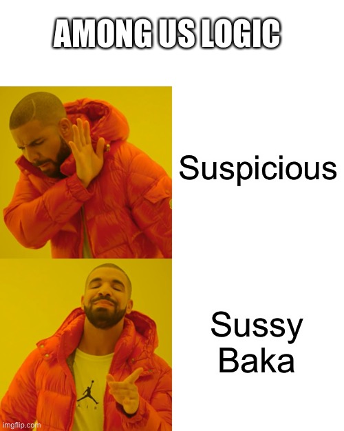 Drake Hotline Bling | AMONG US LOGIC; Suspicious; Sussy Baka | image tagged in memes,drake hotline bling | made w/ Imgflip meme maker