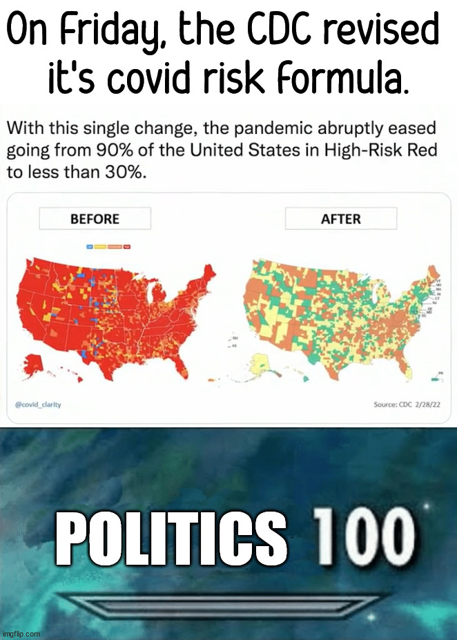 Just in time for the State of the Union and spring elections | On Friday, the CDC revised 
it's covid risk formula. POLITICS | image tagged in skyrim skill meme,political meme | made w/ Imgflip meme maker