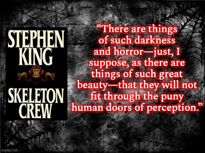 “There are things of such darkness and horror—just, I suppose, as there are things of such great beauty—that they will not fit through the puny human doors of perception.” | image tagged in stephen king,skeleton,darkness,horror | made w/ Imgflip meme maker