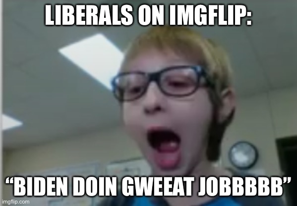 stupid kid | LIBERALS ON IMGFLIP: “BIDEN DOIN GWEEAT JOBBBBB” | image tagged in stupid kid | made w/ Imgflip meme maker