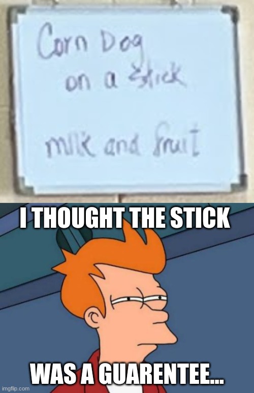 This was what the cafeteria was serving today! (no joke) | I THOUGHT THE STICK; WAS A GUARENTEE... | image tagged in memes,futurama fry,food,stick,yuck,funny | made w/ Imgflip meme maker
