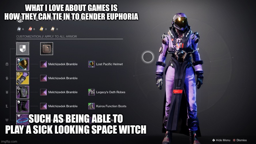 This game even has a transgender armor shader you can get from a third party site (no rules broken) | WHAT I LOVE ABOUT GAMES IS HOW THEY CAN TIE IN TO GENDER EUPHORIA; SUCH AS BEING ABLE TO PLAY A SICK LOOKING SPACE WITCH | image tagged in space,witch | made w/ Imgflip meme maker