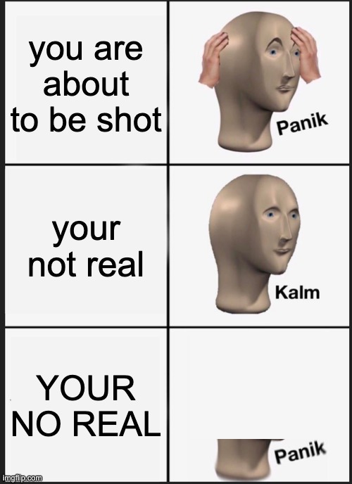 Panik Kalm Panik Meme | you are about to be shot; your not real; YOUR NO REAL | image tagged in memes,panik kalm panik | made w/ Imgflip meme maker
