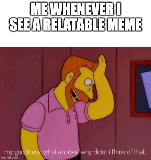 my goodness what an idea why didn't I think of that |  ME WHENEVER I SEE A RELATABLE MEME | image tagged in my goodness what an idea why didn't i think of that | made w/ Imgflip meme maker
