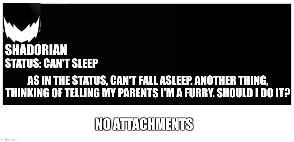 aaaaaaaaaaaaa | SHADORIAN; STATUS: CAN'T SLEEP; AS IN THE STATUS, CAN'T FALL ASLEEP. ANOTHER THING, THINKING OF TELLING MY PARENTS I'M A FURRY. SHOULD I DO IT? NO ATTACHMENTS | image tagged in shadorian announcement board | made w/ Imgflip meme maker