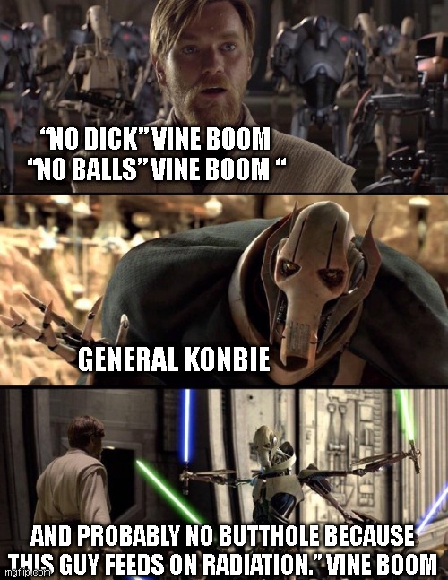 General Kenobi "Hello there" | “NO DICK” VINE BOOM “NO BALLS” VINE BOOM “; GENERAL KONBIE; AND PROBABLY NO BUTTHOLE BECAUSE THIS GUY FEEDS ON RADIATION.” VINE BOOM | image tagged in general kenobi hello there | made w/ Imgflip meme maker