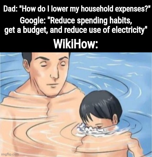 This is true tho | Dad: "How do I lower my household expenses?"; Google: "Reduce spending habits, get a budget, and reduce use of electricity"; WikiHow: | image tagged in wikihow,google,funny,dark humor,money | made w/ Imgflip meme maker