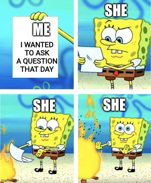 Spongebob Burning Paper | SHE; SHE; ME; I WANTED TO ASK A QUESTION
THAT DAY; SHE | image tagged in spongebob burning paper | made w/ Imgflip meme maker