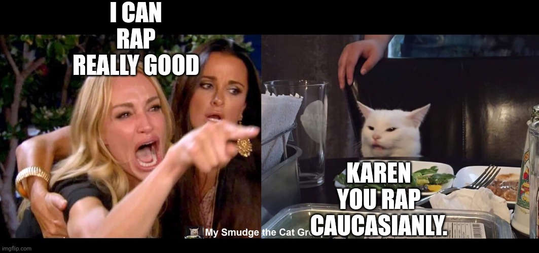 I CAN RAP REALLY GOOD; KAREN YOU RAP CAUCASIANLY. | image tagged in smudge the cat | made w/ Imgflip meme maker