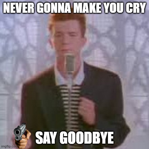 rick rolled | NEVER GONNA MAKE YOU CRY; SAY GOODBYE | image tagged in rick rolled | made w/ Imgflip meme maker