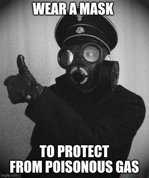 gas masked nazi | WEAR A MASK TO PROTECT FROM POISONOUS GAS | image tagged in gas masked nazi | made w/ Imgflip meme maker