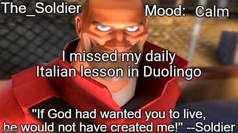 The_Soldier temp | Calm; I missed my daily Italian lesson in Duolingo | image tagged in the_soldier temp | made w/ Imgflip meme maker
