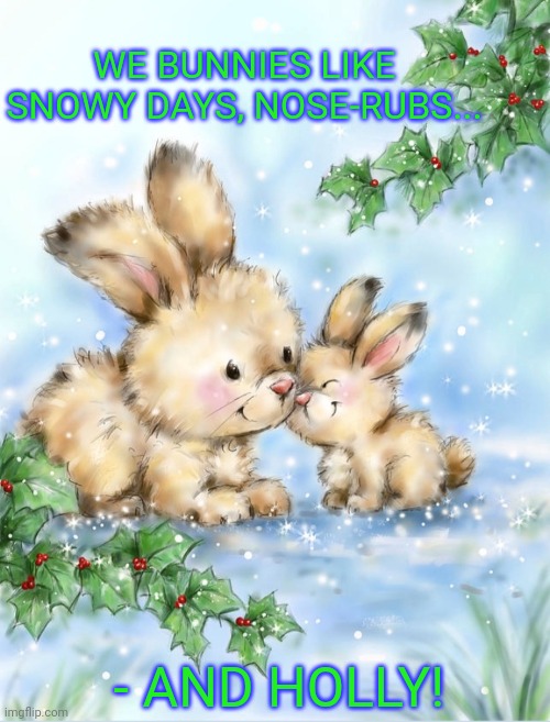 WE BUNNIES LIKE SNOWY DAYS, NOSE-RUBS... - AND HOLLY! | image tagged in bunnies,rule | made w/ Imgflip meme maker