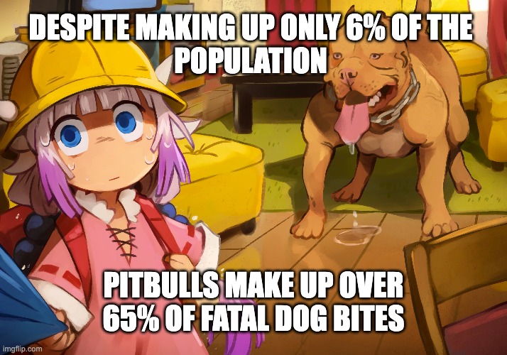 Despite making up only 6% of the population pitbulls make up over 65% of Fatal Dog Bites | DESPITE MAKING UP ONLY 6% OF THE 
POPULATION; PITBULLS MAKE UP OVER 65% OF FATAL DOG BITES | image tagged in pitbulls,pitbull,anime,dragon,shitpost,anime girl | made w/ Imgflip meme maker