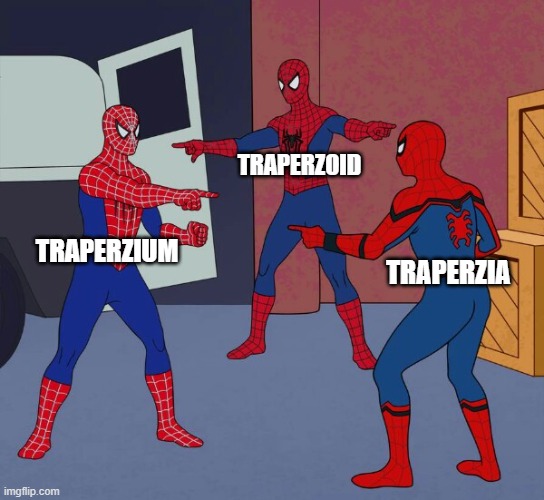 nern would know this | TRAPERZOID; TRAPERZIUM; TRAPERZIA | image tagged in spider man triple,math | made w/ Imgflip meme maker