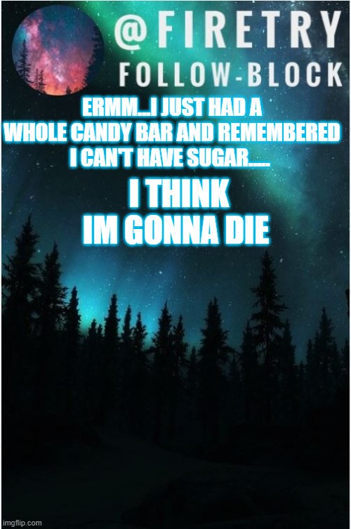 i cnat type stright | ERMM...I JUST HAD A WHOLE CANDY BAR AND REMEMBERED I CAN'T HAVE SUGAR..... I THINK IM GONNA DIE | image tagged in my template | made w/ Imgflip meme maker