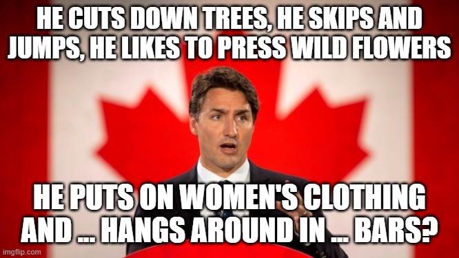 Justin Trudeau | HE CUTS DOWN TREES, HE SKIPS AND JUMPS, HE LIKES TO PRESS WILD FLOWERS HE PUTS ON WOMEN'S CLOTHING AND ... HANGS AROUND IN ... BARS? | image tagged in justin trudeau | made w/ Imgflip meme maker