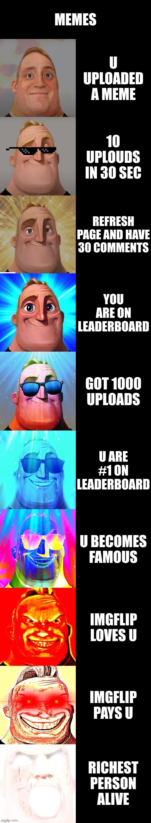 Memes | MEMES; U UPLOADED A MEME; 10 UPLOUDS IN 30 SEC; REFRESH PAGE AND HAVE 30 COMMENTS; YOU ARE ON LEADERBOARD; GOT 1000 UPLOADS; U ARE #1 ON LEADERBOARD; U BECOMES FAMOUS; IMGFLIP LOVES U; IMGFLIP PAYS U; RICHEST PERSON ALIVE | image tagged in mr incredible becoming canny | made w/ Imgflip meme maker