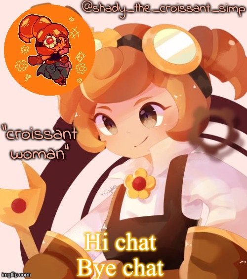 Hi chat
Bye chat | image tagged in yet another croissant woman temp thank syoyroyoroi | made w/ Imgflip meme maker