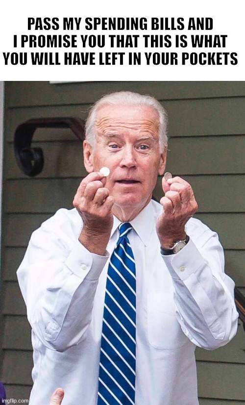 Biden spending bill | PASS MY SPENDING BILLS AND I PROMISE YOU THAT THIS IS WHAT YOU WILL HAVE LEFT IN YOUR POCKETS | image tagged in joe biden quarter | made w/ Imgflip meme maker