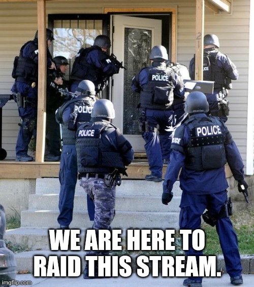 Police Savior | WE ARE HERE TO RAID THIS STREAM. | image tagged in police savior | made w/ Imgflip meme maker