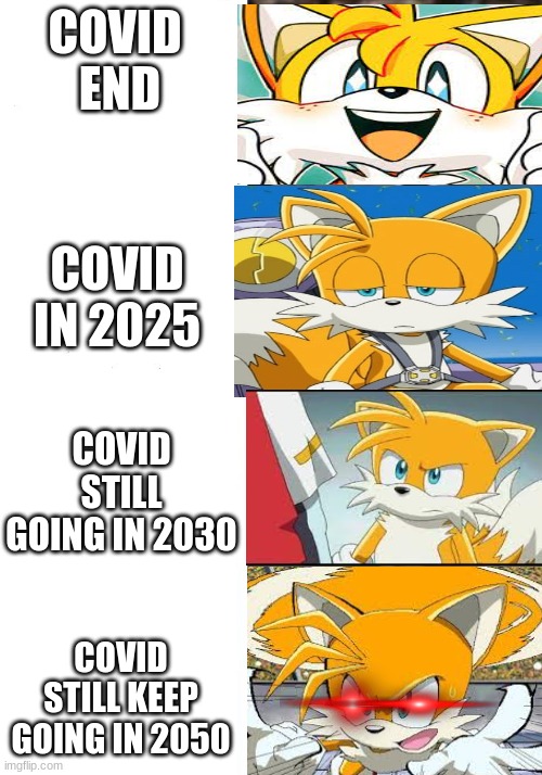 Tails reacts when covid is over and back | COVID 
END; COVID IN 2025; COVID STILL GOING IN 2030; COVID STILL KEEP GOING IN 2050 | image tagged in tails reaction,memes,covid-19,coronavirus,tails the fox,reactions | made w/ Imgflip meme maker