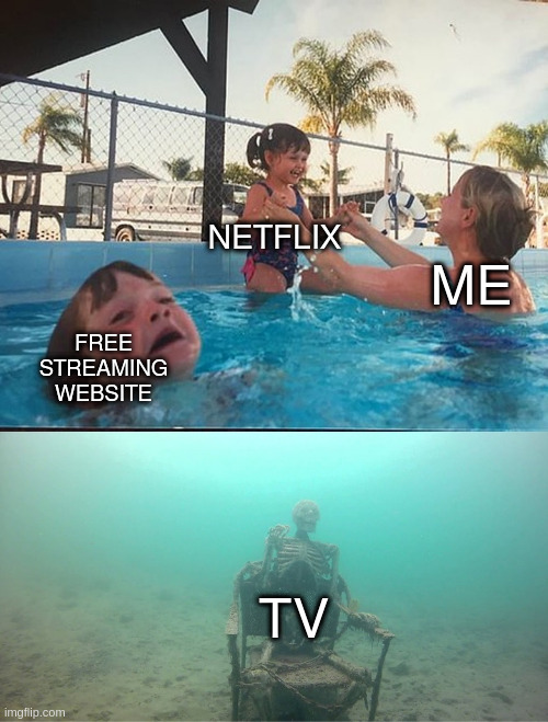 so true | NETFLIX; ME; FREE STREAMING WEBSITE; TV | image tagged in mother ignoring kid drowning in a pool,memes,funny memes | made w/ Imgflip meme maker