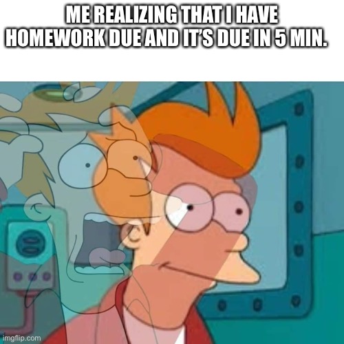 fry | ME REALIZING THAT I HAVE HOMEWORK DUE AND IT’S DUE IN 5 MIN. | image tagged in fry | made w/ Imgflip meme maker