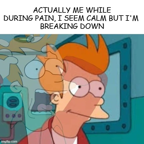 Calm-PAIN. | ACTUALLY ME WHILE DURING PAIN, I SEEM CALM BUT I'M 
BREAKING DOWN | image tagged in haha yes | made w/ Imgflip meme maker