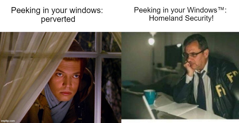 It's less exciting when it's legal | Peeking in your windows: 
perverted; Peeking in your Windows™: 
Homeland Security! | image tagged in memes | made w/ Imgflip meme maker