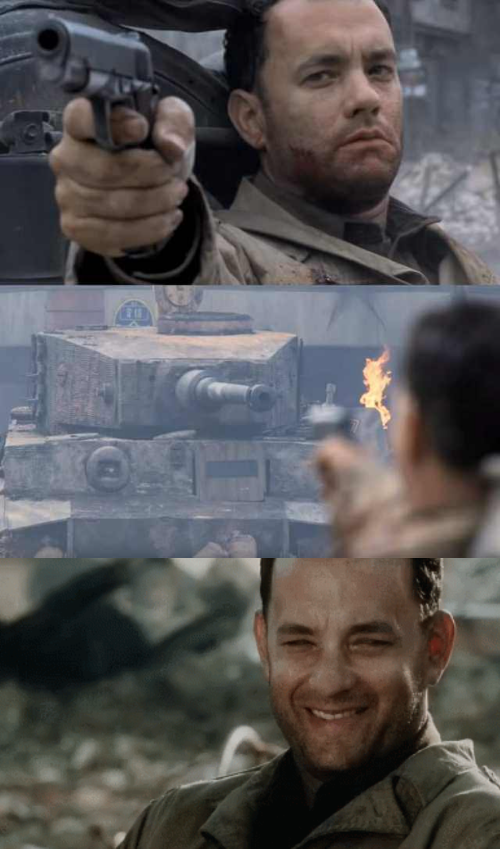 tom hanks blows up tank then happy Blank Meme Template
