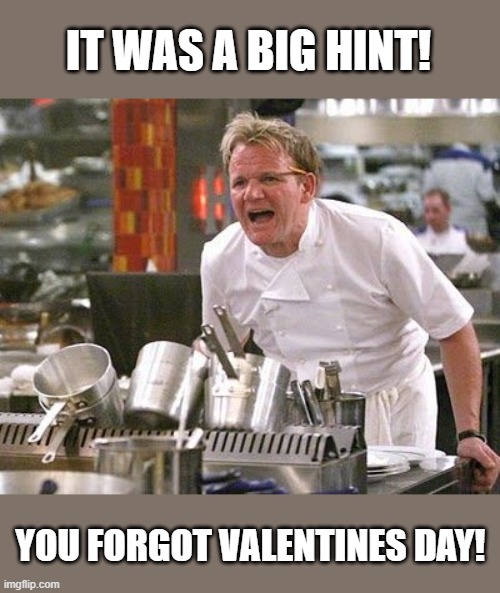 Gordon Ramsey meme | IT WAS A BIG HINT! YOU FORGOT VALENTINES DAY! | image tagged in gordon ramsey meme | made w/ Imgflip meme maker