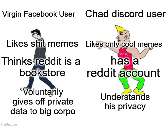Imagine liking facebook | Chad discord user; Virgin Facebook User; Likes shit memes; Likes only cool memes; has a reddit account; Thinks reddit is a 
bookstore; Voluntarily gives off private data to big corpo; Understands his privacy | image tagged in virgin vs chad | made w/ Imgflip meme maker