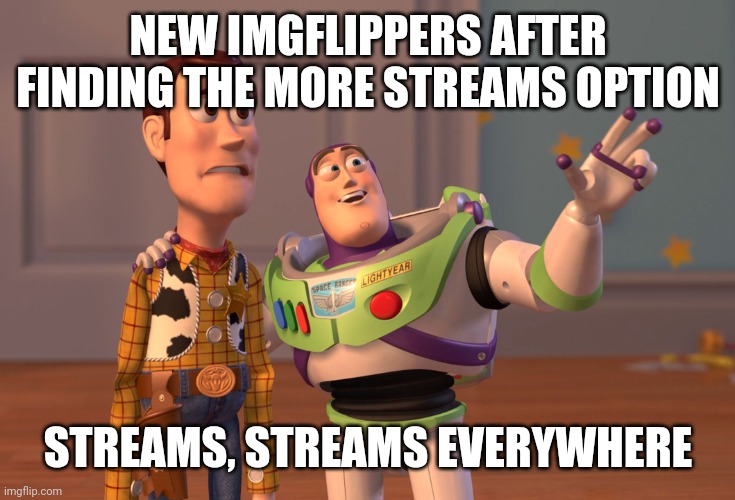 X, X Everywhere Meme | NEW IMGFLIPPERS AFTER FINDING THE MORE STREAMS OPTION; STREAMS, STREAMS EVERYWHERE | image tagged in memes,x x everywhere | made w/ Imgflip meme maker