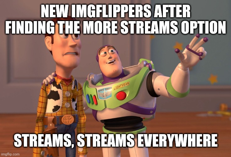 X, X Everywhere | NEW IMGFLIPPERS AFTER FINDING THE MORE STREAMS OPTION; STREAMS, STREAMS EVERYWHERE | image tagged in memes,x x everywhere | made w/ Imgflip meme maker