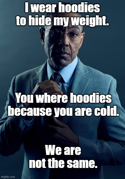 Gus Fring we are not the same | I wear hoodies to hide my weight. You where hoodies because you are cold. We are not the same. | image tagged in gus fring we are not the same,relatable,hoodie | made w/ Imgflip meme maker