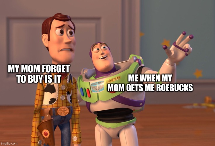 X, X Everywhere | MY MOM FORGET TO BUY IS IT; ME WHEN MY MOM GETS ME ROEBUCKS | image tagged in memes,x x everywhere | made w/ Imgflip meme maker