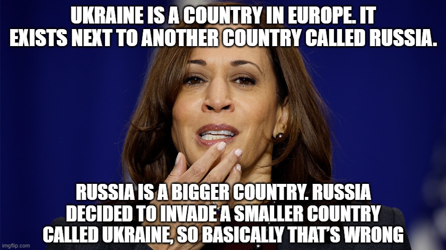 A heartbeat away from the presidency | UKRAINE IS A COUNTRY IN EUROPE. IT EXISTS NEXT TO ANOTHER COUNTRY CALLED RUSSIA. RUSSIA IS A BIGGER COUNTRY. RUSSIA DECIDED TO INVADE A SMALLER COUNTRY CALLED UKRAINE, SO BASICALLY THAT’S WRONG | image tagged in kamala harris | made w/ Imgflip meme maker