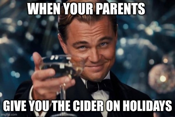 Leonardo Dicaprio Cheers | WHEN YOUR PARENTS; GIVE YOU THE CIDER ON HOLIDAYS | image tagged in memes,leonardo dicaprio cheers | made w/ Imgflip meme maker