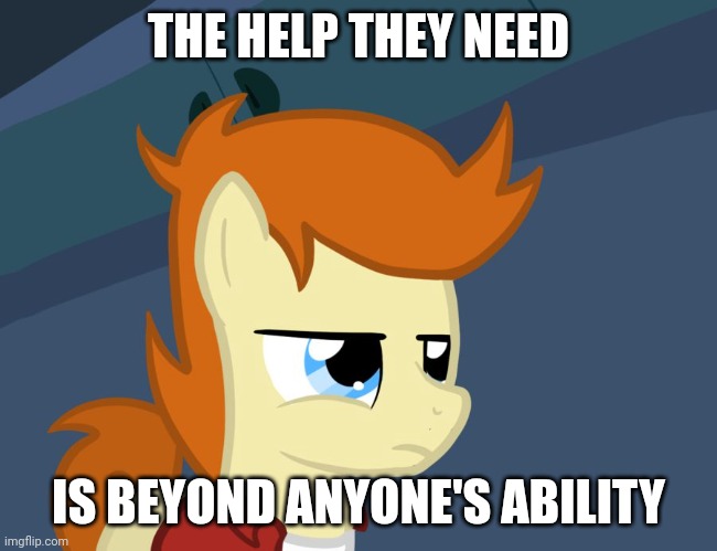 Futurama Fry Pony | THE HELP THEY NEED IS BEYOND ANYONE'S ABILITY | image tagged in futurama fry pony | made w/ Imgflip meme maker