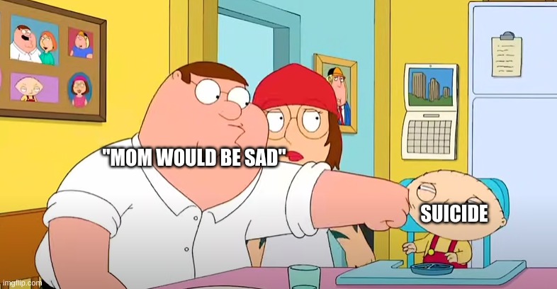 ha | "MOM WOULD BE SAD"; SUICIDE | image tagged in peter punching stewie | made w/ Imgflip meme maker