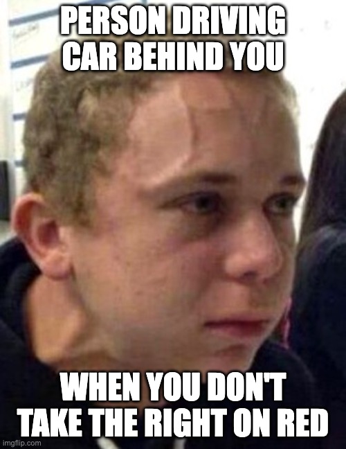 neck vein guy | PERSON DRIVING CAR BEHIND YOU; WHEN YOU DON'T TAKE THE RIGHT ON RED | image tagged in neck vein guy | made w/ Imgflip meme maker