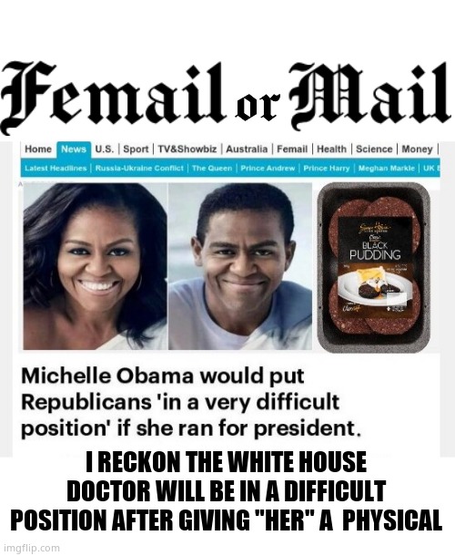 President Obama (V 2.0) | I RECKON THE WHITE HOUSE DOCTOR WILL BE IN A DIFFICULT POSITION AFTER GIVING "HER" A  PHYSICAL | image tagged in memes,michelle obama,michael,potus,black pudding,political meme | made w/ Imgflip meme maker