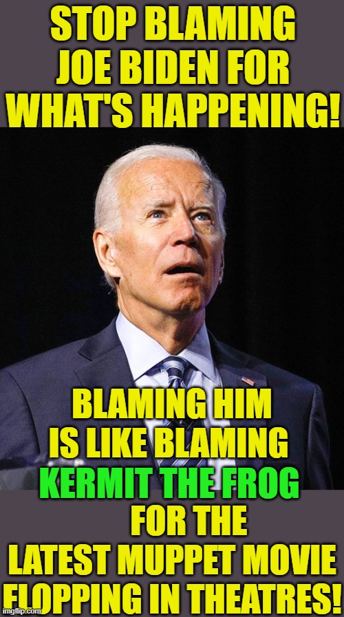 Don't blame the puppet, blame the puppeteers! | STOP BLAMING JOE BIDEN FOR WHAT'S HAPPENING! BLAMING HIM IS LIKE BLAMING                        FOR THE LATEST MUPPET MOVIE FLOPPING IN THEATRES! KERMIT THE FROG | image tagged in joe biden,muppets,political meme,democrats,puppeteers | made w/ Imgflip meme maker