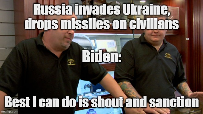 Biden's courage | Russia invades Ukraine, drops missiles on civilians; Biden:; Best I can do is shout and sanction | image tagged in pawn stars best i can do | made w/ Imgflip meme maker