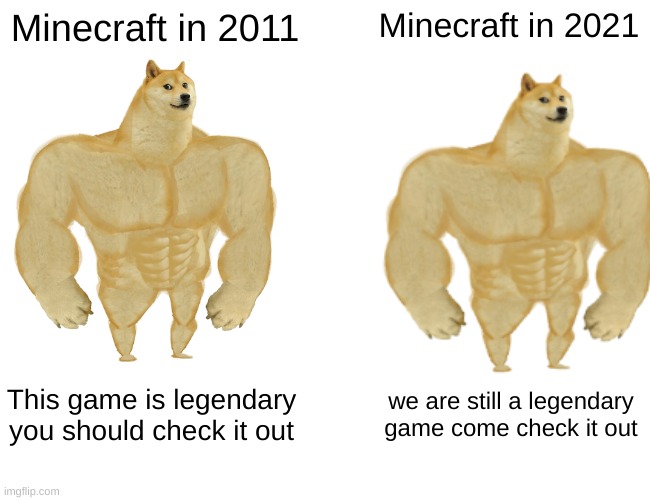 Minecraft is epic | Minecraft in 2011; Minecraft in 2021; This game is legendary you should check it out; we are still a legendary game come check it out | image tagged in memes,buff doge vs cheems,minecraft,video games,games,fun | made w/ Imgflip meme maker