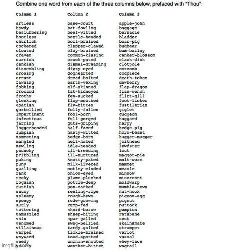 Create your own insults, also thx from my friend for making the sheet. | image tagged in insults | made w/ Imgflip meme maker