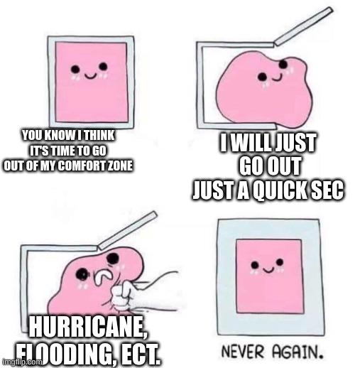 florida homes near coastlines be like | YOU KNOW I THINK IT'S TIME TO GO OUT OF MY COMFORT ZONE; I WILL JUST  GO OUT JUST A QUICK SEC; HURRICANE, FLOODING, ECT. | image tagged in never again | made w/ Imgflip meme maker